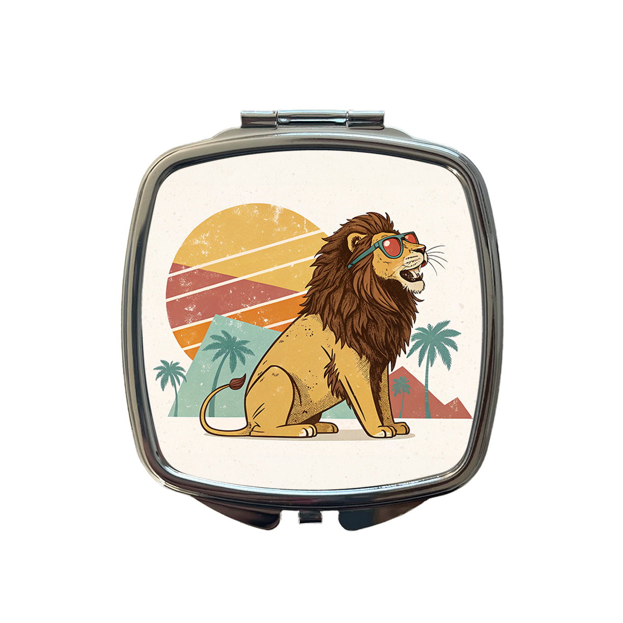 Cool Lion Wearing Sunglasses Retro Illustration Style Small Travel Purse Handbag Pocket Makeup Compact Mirror