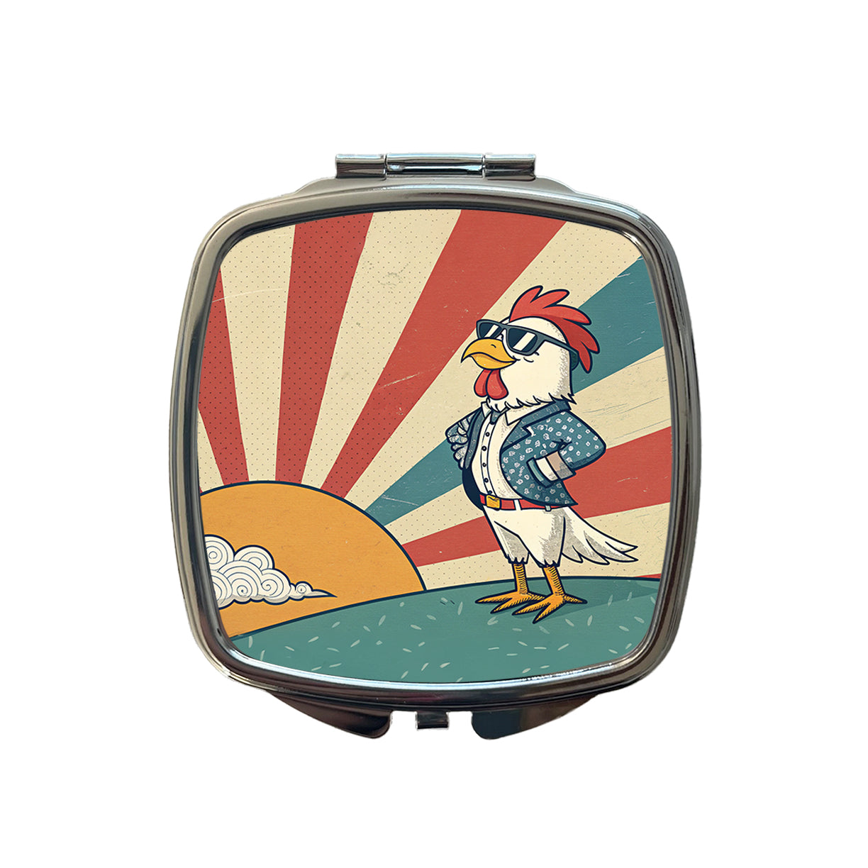 Cool Rooster Chicken Wearing Sunglasses Retro Illustration Small Travel Purse Handbag Pocket Makeup Compact Mirror