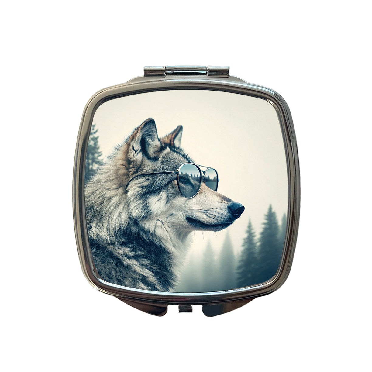Cool Wolf Wearing Misty Woods Small Travel Purse Handbag Pocket Makeup Compact Mirror