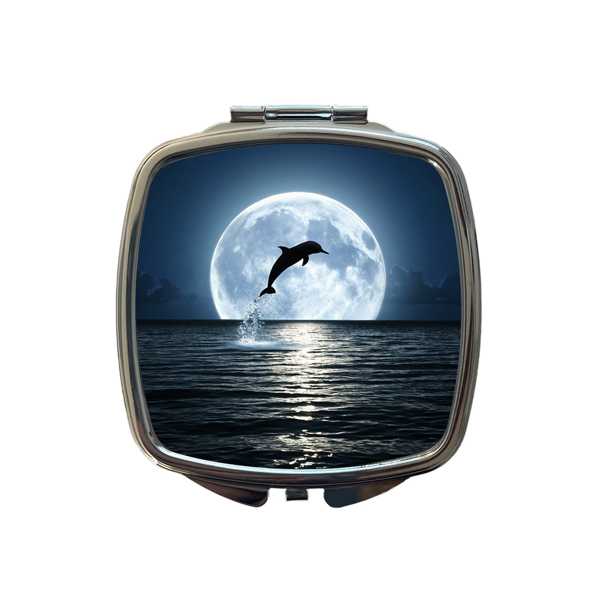 Dolphin Leaping Over Ocean Glowing Moon Small Travel Purse Handbag Pocket Makeup Compact Mirror