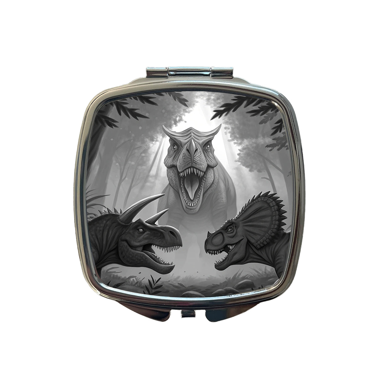 Epic Showdown T-Rex Triceratops Velociraptor Dinosaurs Small Travel Purse Handbag Pocket Makeup Compact Mirror
