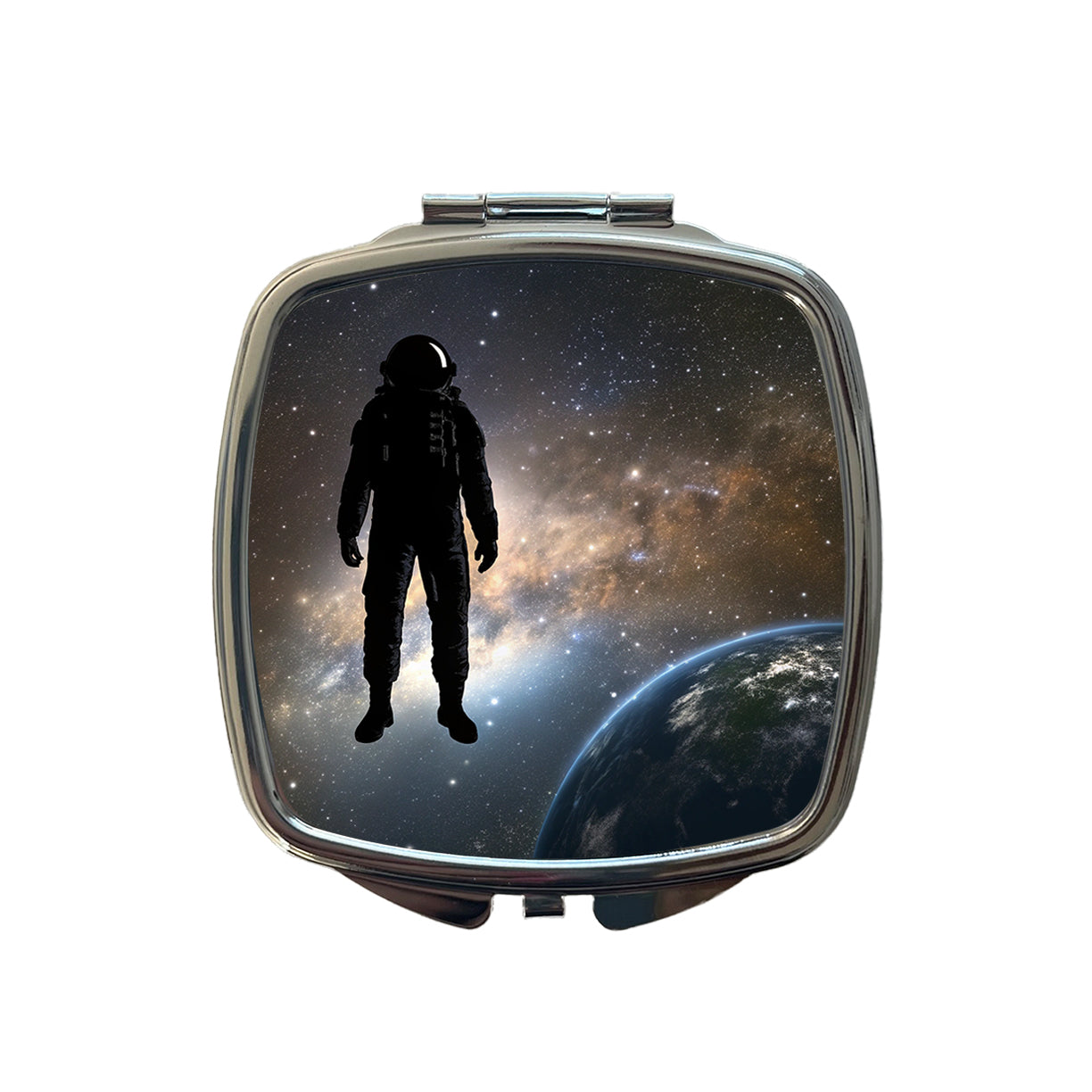 Floating Astronaut Silhouette Earth Space Small Travel Purse Handbag Pocket Makeup Compact Mirror