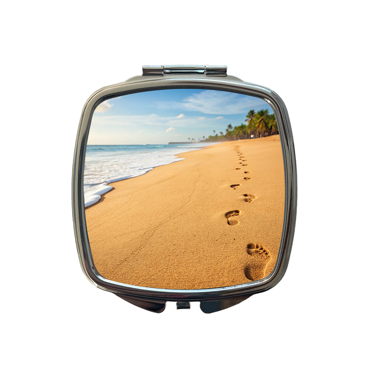 Footprints In The Sand Barefoot Beach Ocean Small Travel Purse Handbag Pocket Makeup Compact Mirror