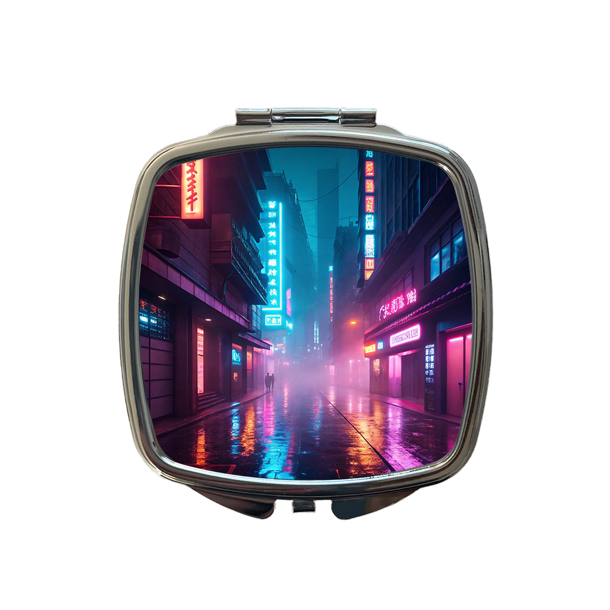 Futuristic City Alley Night Glowing Signs Small Travel Purse Handbag Pocket Makeup Compact Mirror