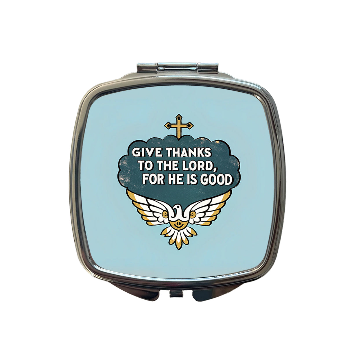 Give Thanks To The Lord For He Is Good Psalm Bible Verse Blue Small Travel Purse Handbag Pocket Makeup Compact Mirror