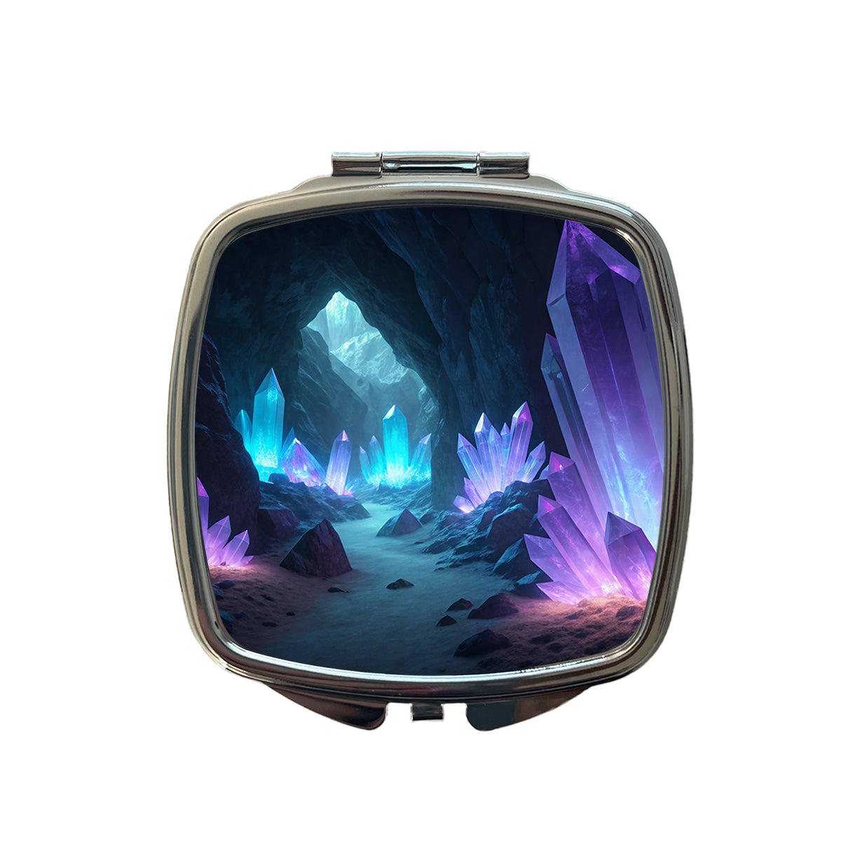 Glowing Crystals Dark Cavern Cool Hues Small Travel Purse Handbag Pocket Makeup Compact Mirror