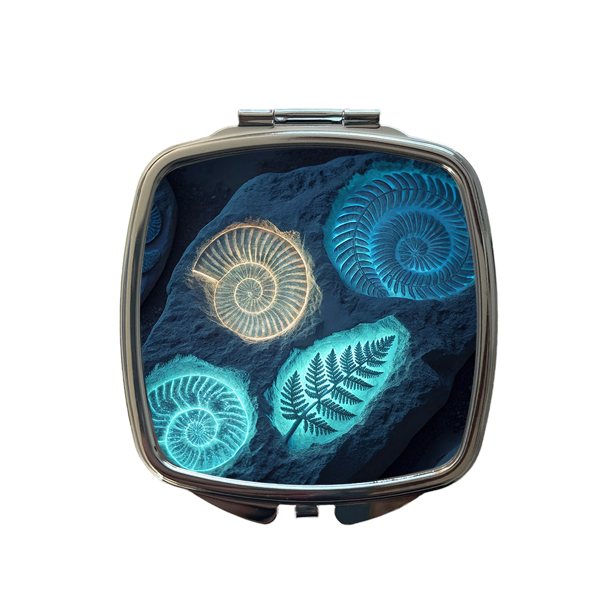 Glowing Holographic Style Fossil Imprints Small Travel Purse Handbag Pocket Makeup Compact Mirror