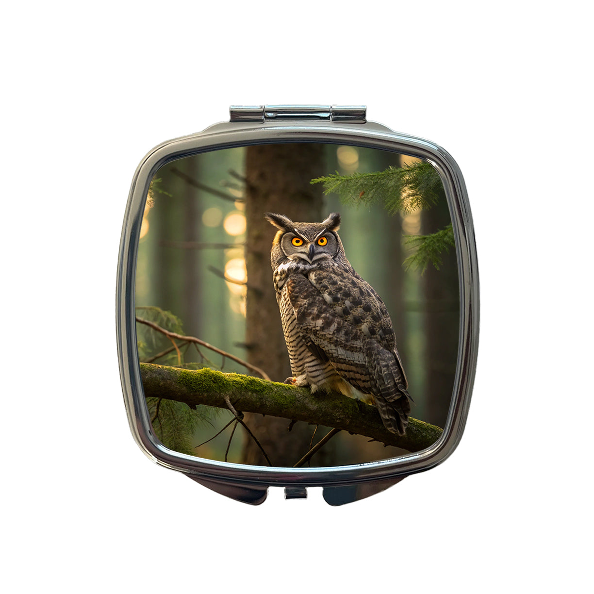 Great Horned Owl On Branch Small Travel Purse Handbag Pocket Makeup Compact Mirror