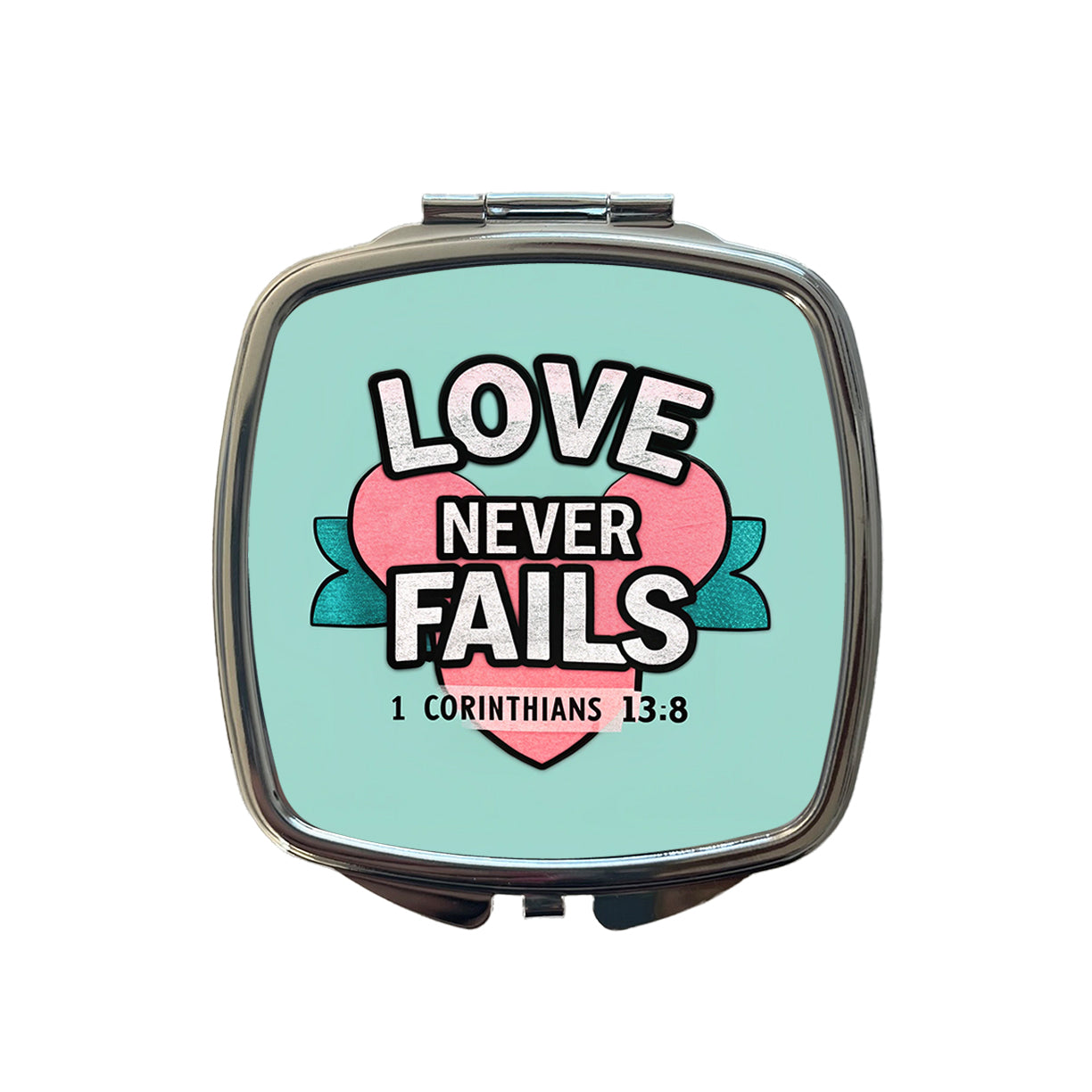 Love Never Fails Corinthians Bible Verse Small Travel Purse Handbag Pocket Makeup Compact Mirror