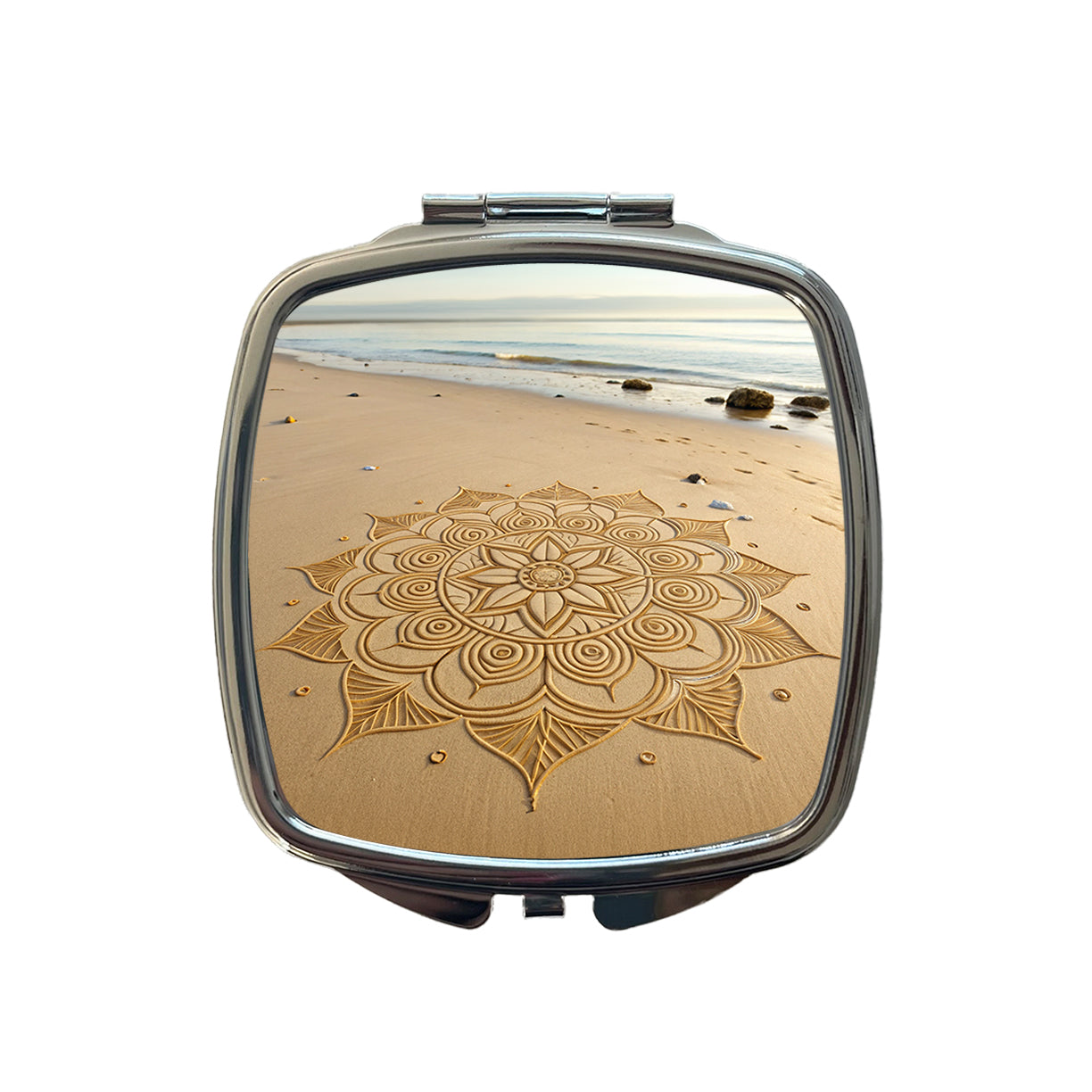 Mandala Pattern Drawn Into Beach Sand Small Travel Purse Handbag Pocket Makeup Compact Mirror