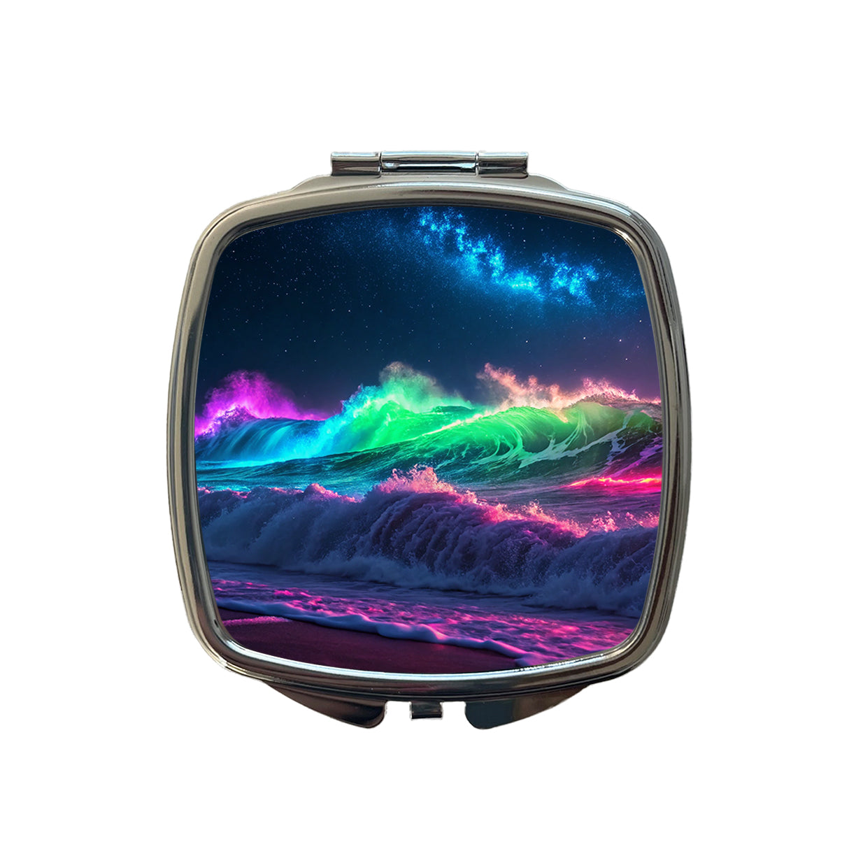 Neon Ocean Waves Night Small Travel Purse Handbag Pocket Makeup Compact Mirror