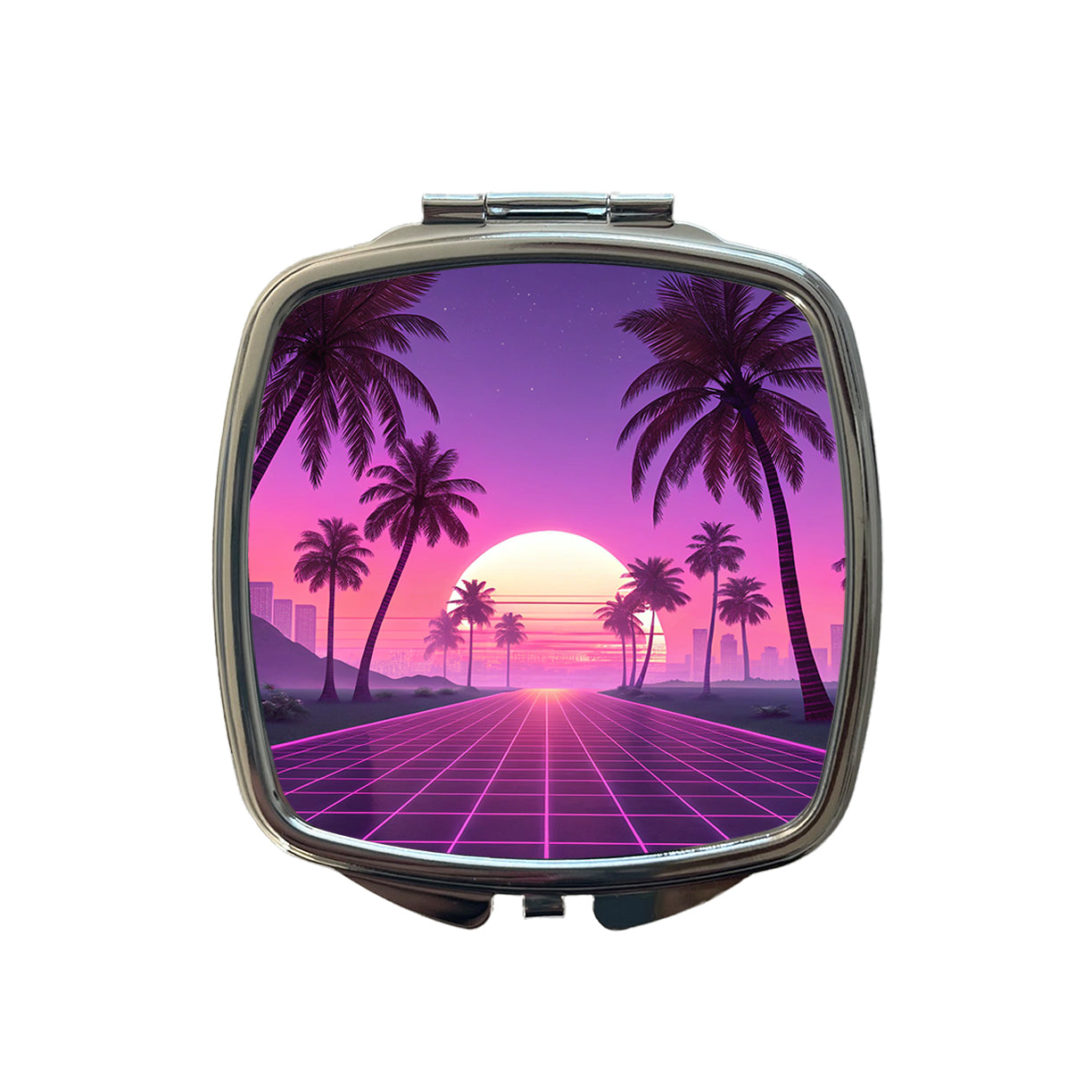 Neon Pinks Purples Palm Trees Sun Setting Small Travel Purse Handbag Pocket Makeup Compact Mirror