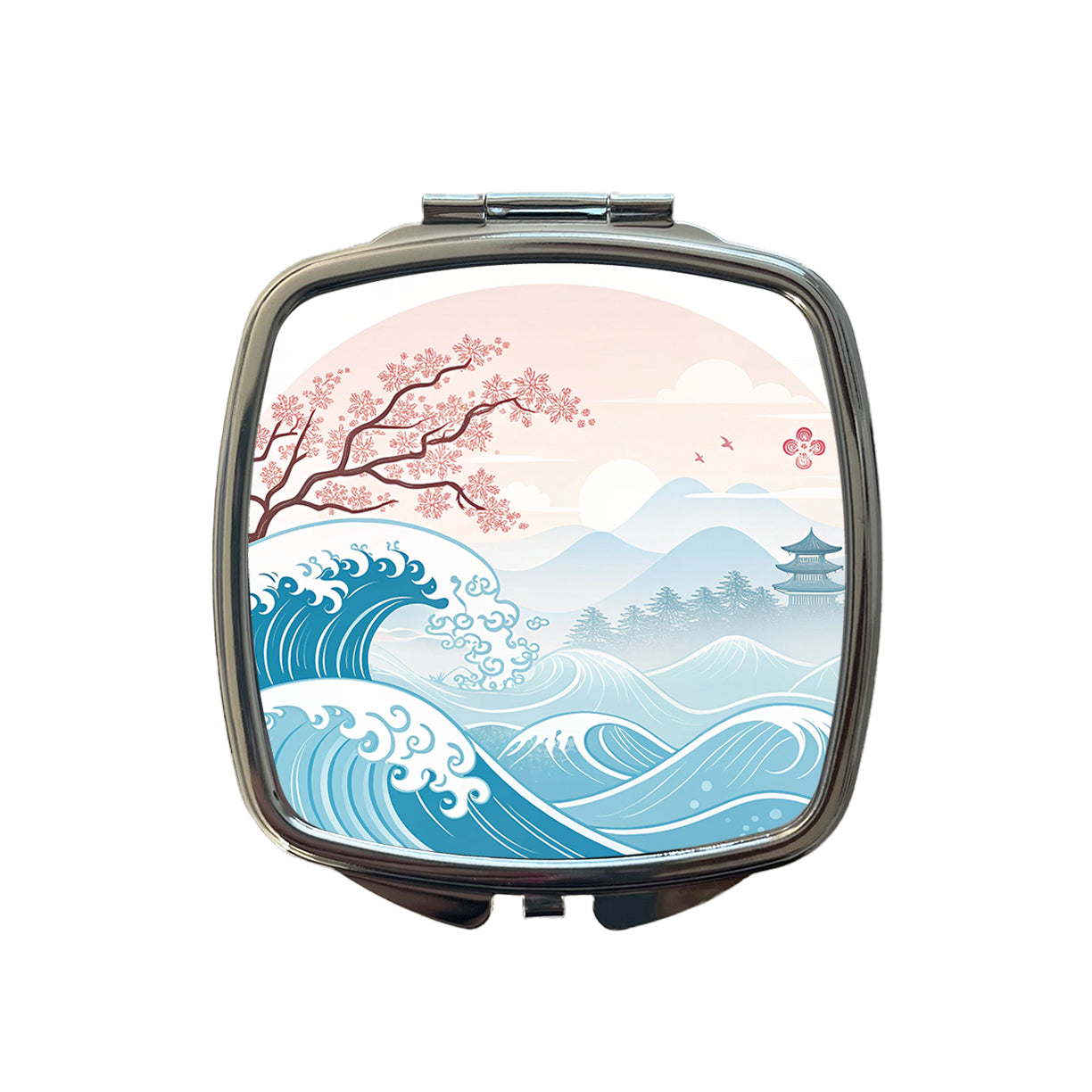 Ocean Waves Japanese Style Cherry Blossoms Small Travel Purse Handbag Pocket Makeup Compact Mirror