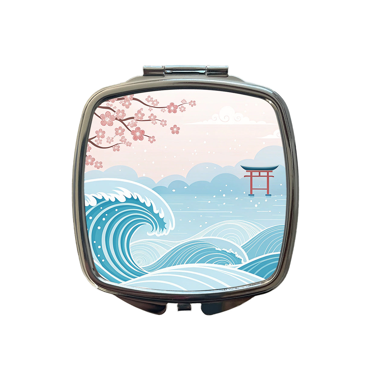 Ocean Waves Japanese Style Drawing Cherry Blossoms Small Travel Purse Handbag Pocket Makeup Compact Mirror