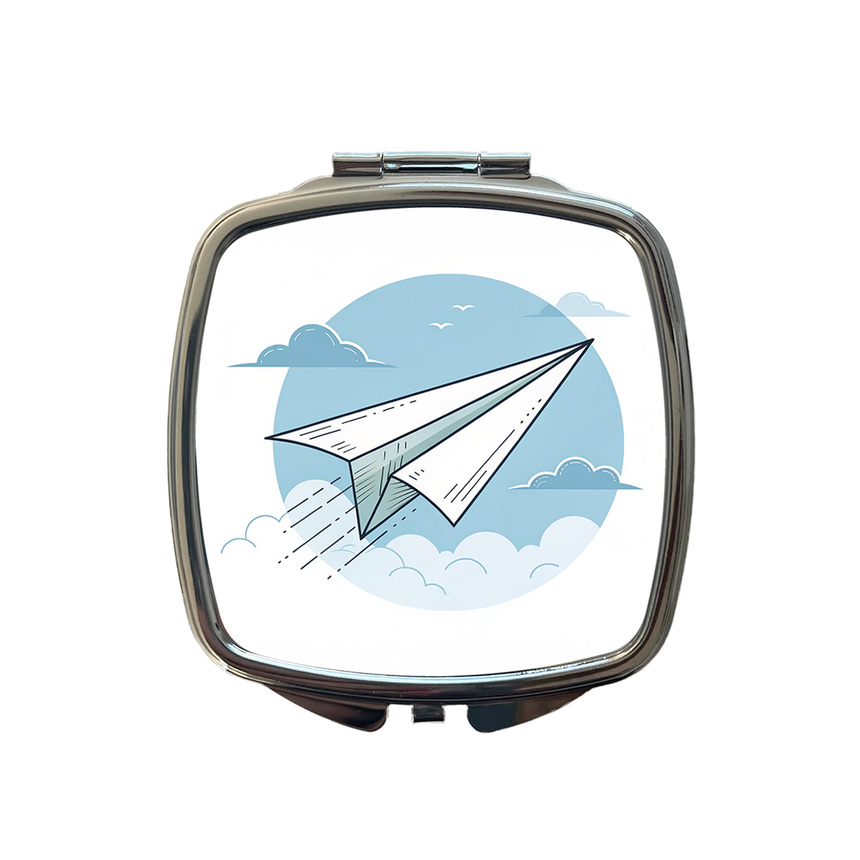 Paper Airplane Illustration Flying Sky Small Travel Purse Handbag Pocket Makeup Compact Mirror