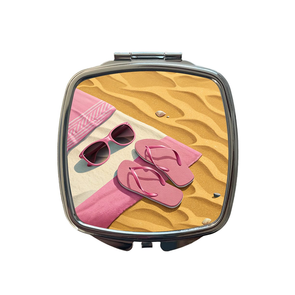 Pink Sunglasses Flip Flops Towel On Sand Cute Small Travel Purse Handbag Pocket Makeup Compact Mirror