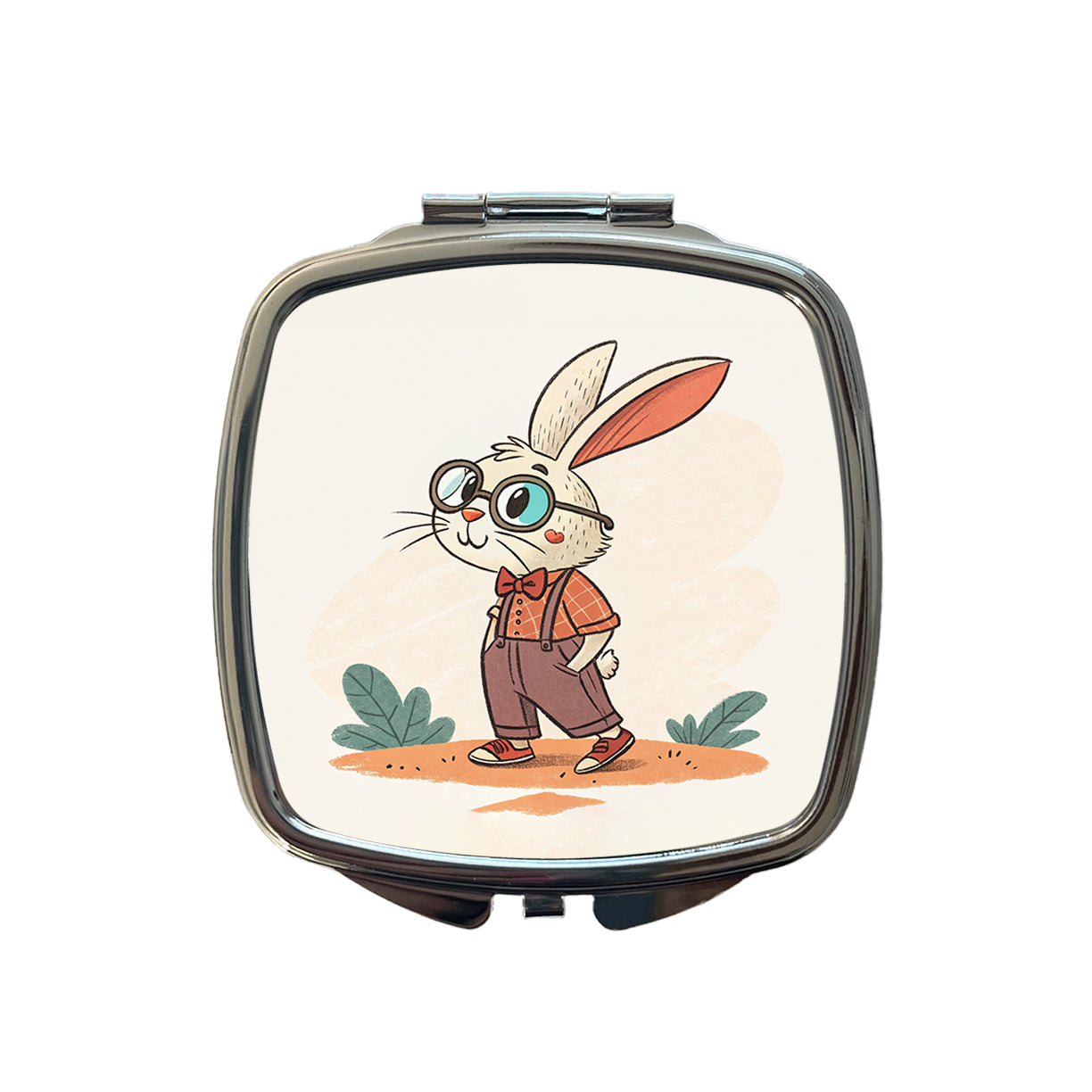 Rabbit Wearing Glasses Nerdy Cute Easter Small Travel Purse Handbag Pocket Makeup Compact Mirror