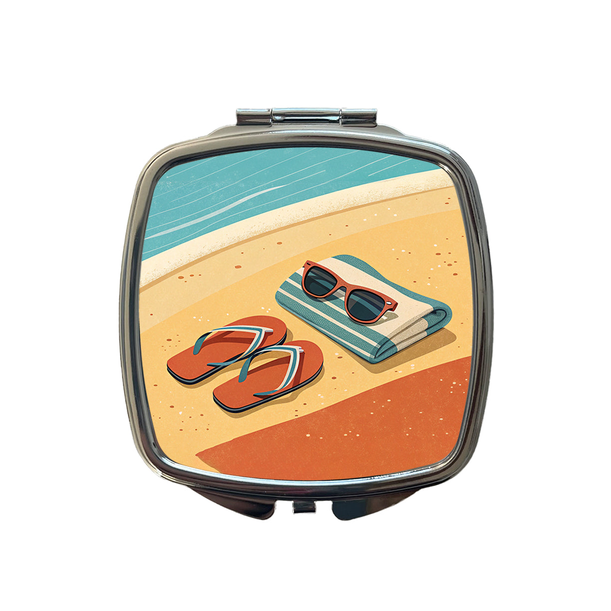 Retro Sunglasses Flip Flops Towel On Sand Beach Ocean Small Travel Purse Handbag Pocket Makeup Compact Mirror