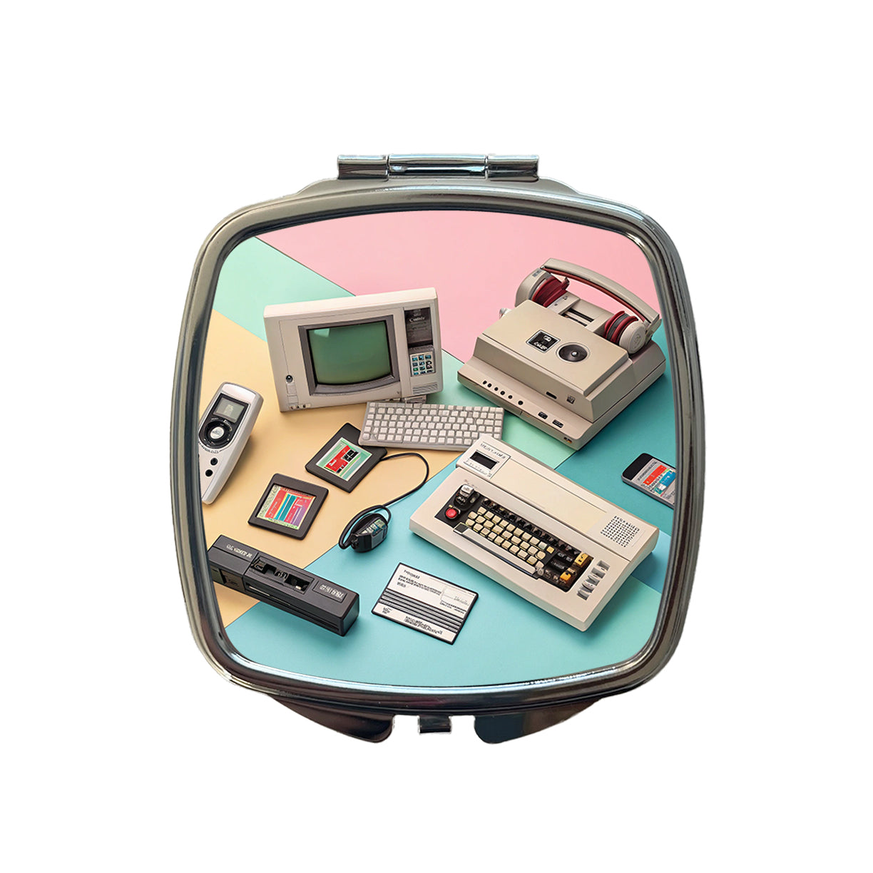 Retro Technology Collage Computer Small Travel Purse Handbag Pocket Makeup Compact Mirror