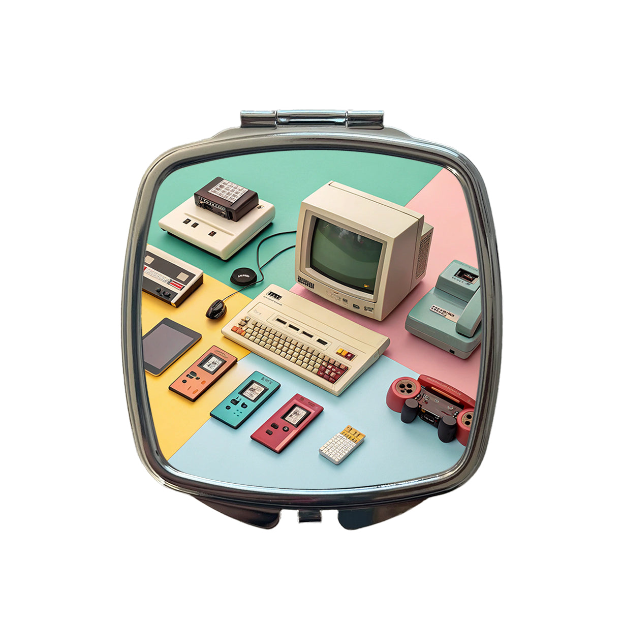 Retro Technology Device Computer Collage Small Travel Purse Handbag Pocket Makeup Compact Mirror