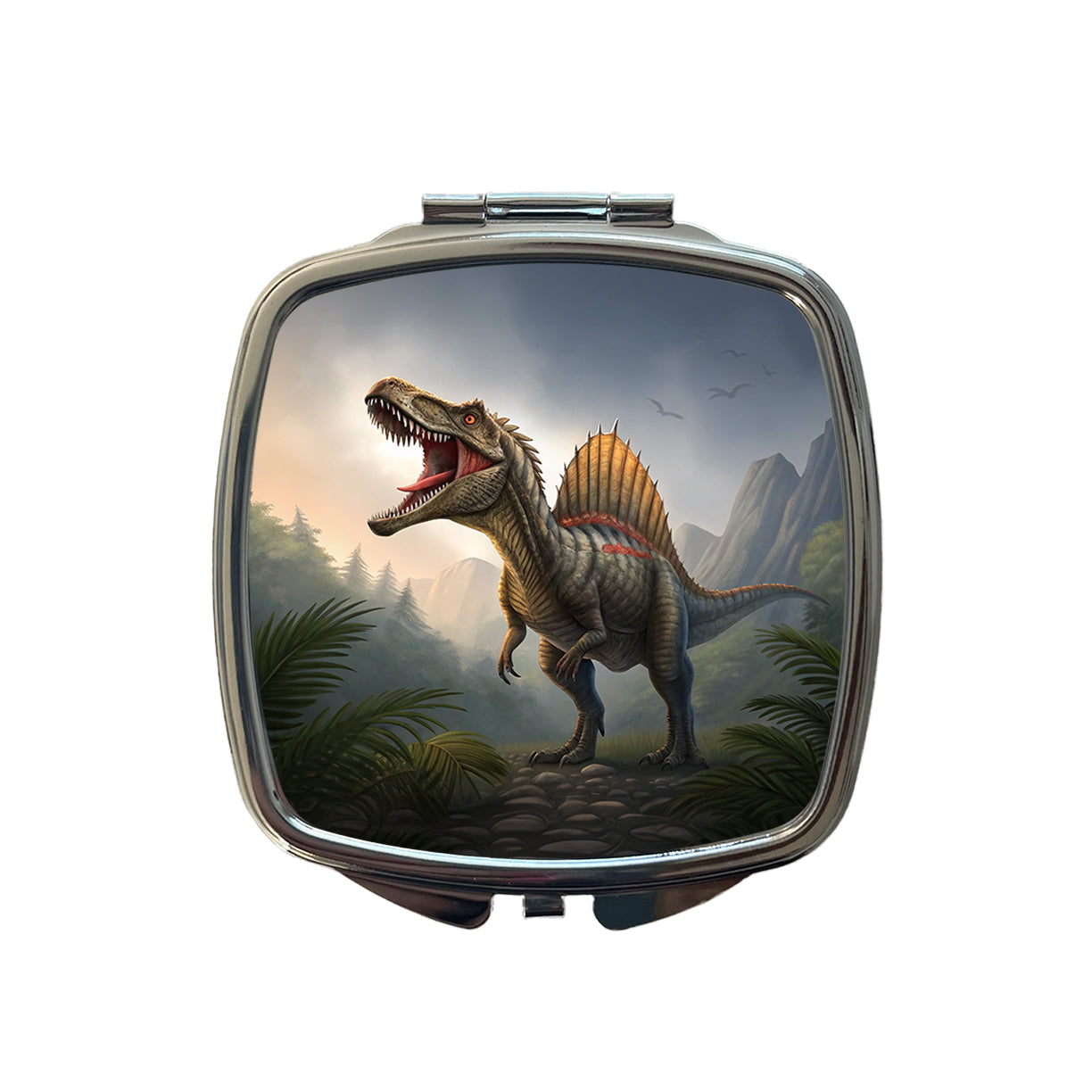 Roaring Spinosaurus Dinosaur Mountains Small Travel Purse Handbag Pocket Makeup Compact Mirror