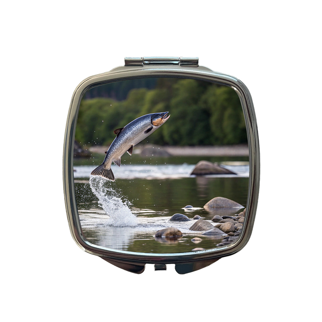 Salmon Fish Jumping Fishing Small Travel Purse Handbag Pocket Makeup Compact Mirror