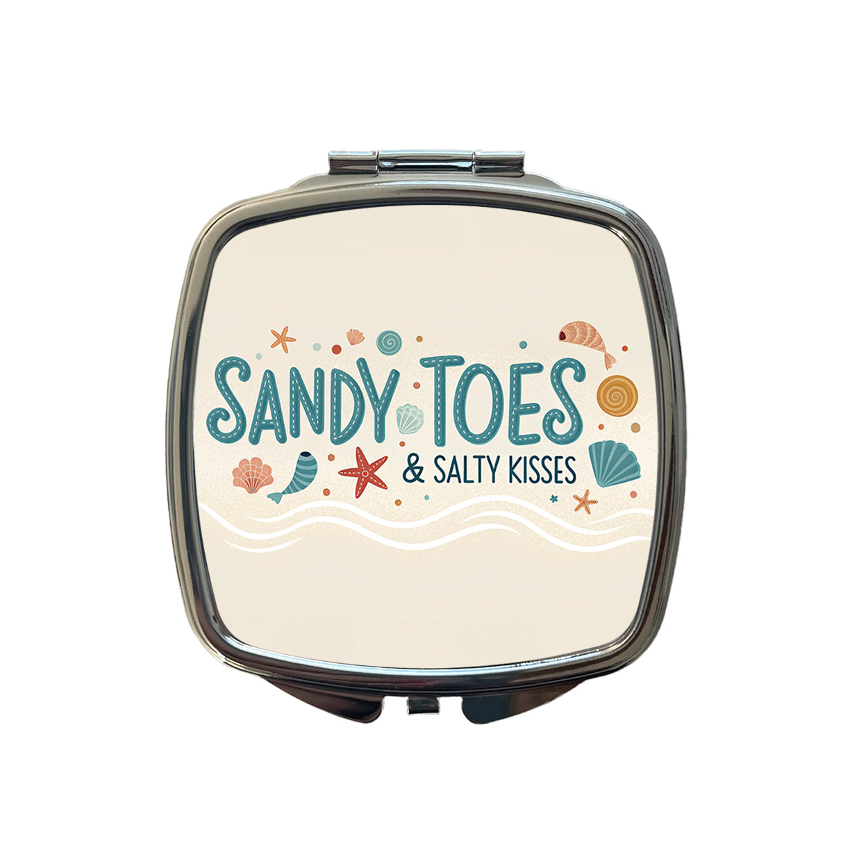 Sandy Toes Salty Kisses Ocean Beach Shells Small Travel Purse Handbag Pocket Makeup Compact Mirror