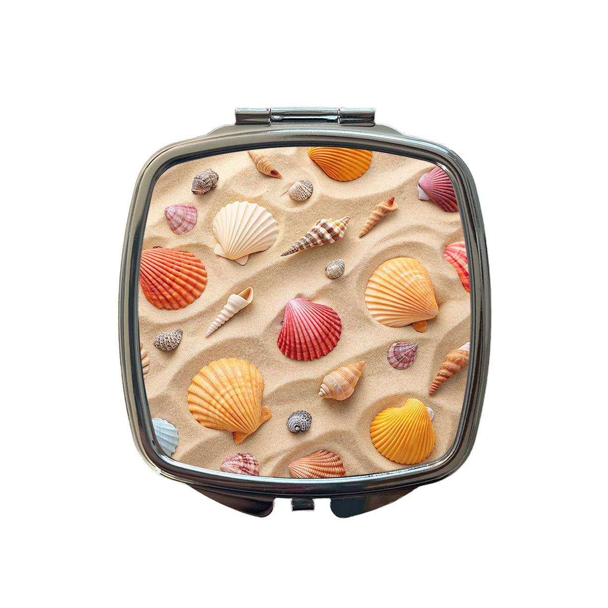 Seashell Collage On Sandy Background Beach Small Travel Purse Handbag Pocket Makeup Compact Mirror