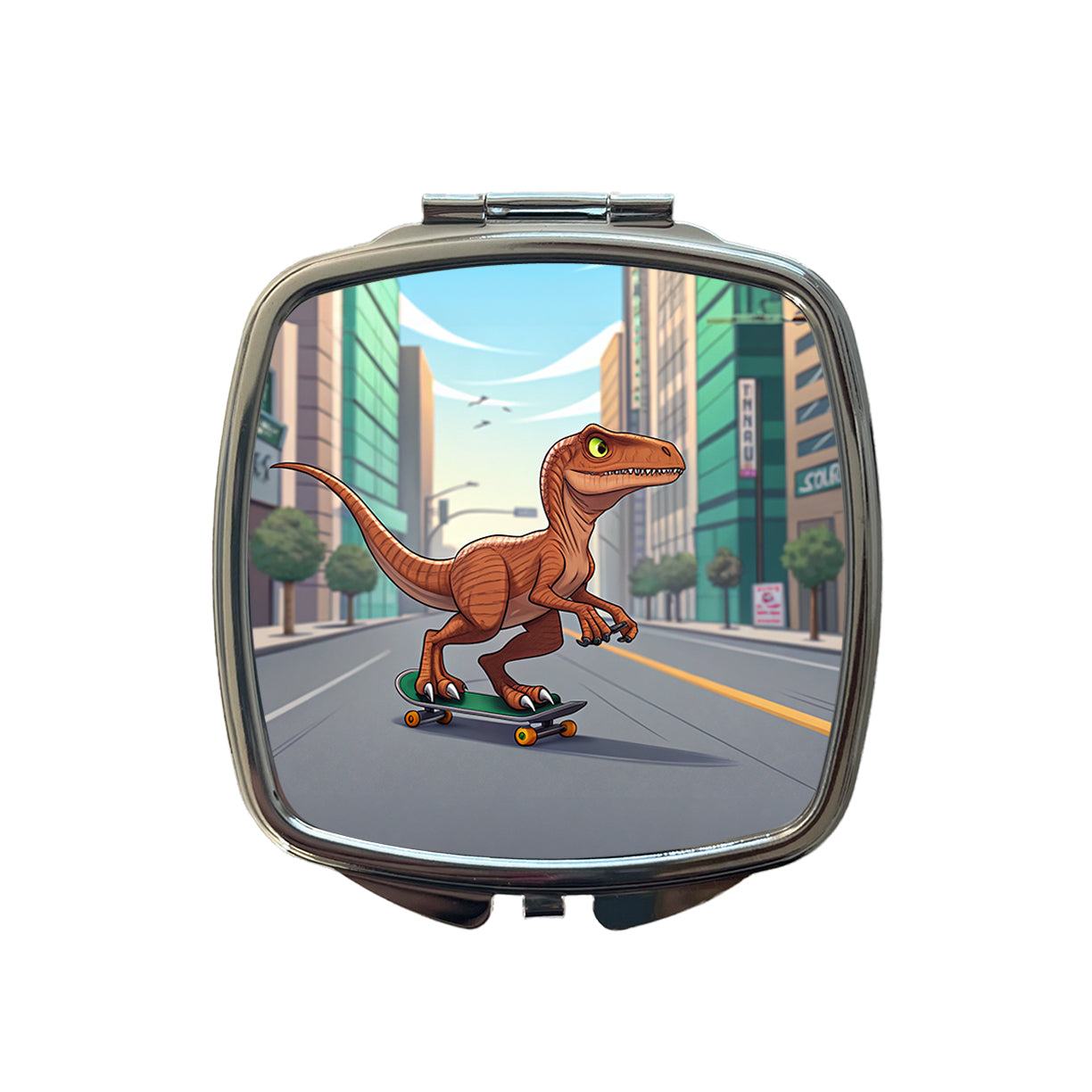 Skateboarding Raptor Dinosaur Small Travel Purse Handbag Pocket Makeup Compact Mirror