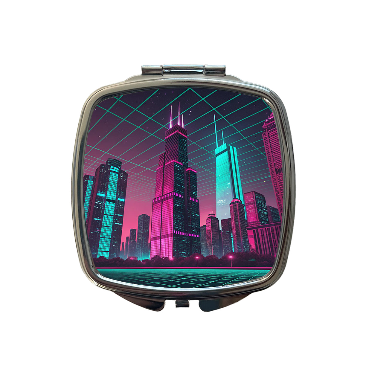 Skyscrapers Buildings Lit Pink Teal Small Travel Purse Handbag Pocket Makeup Compact Mirror