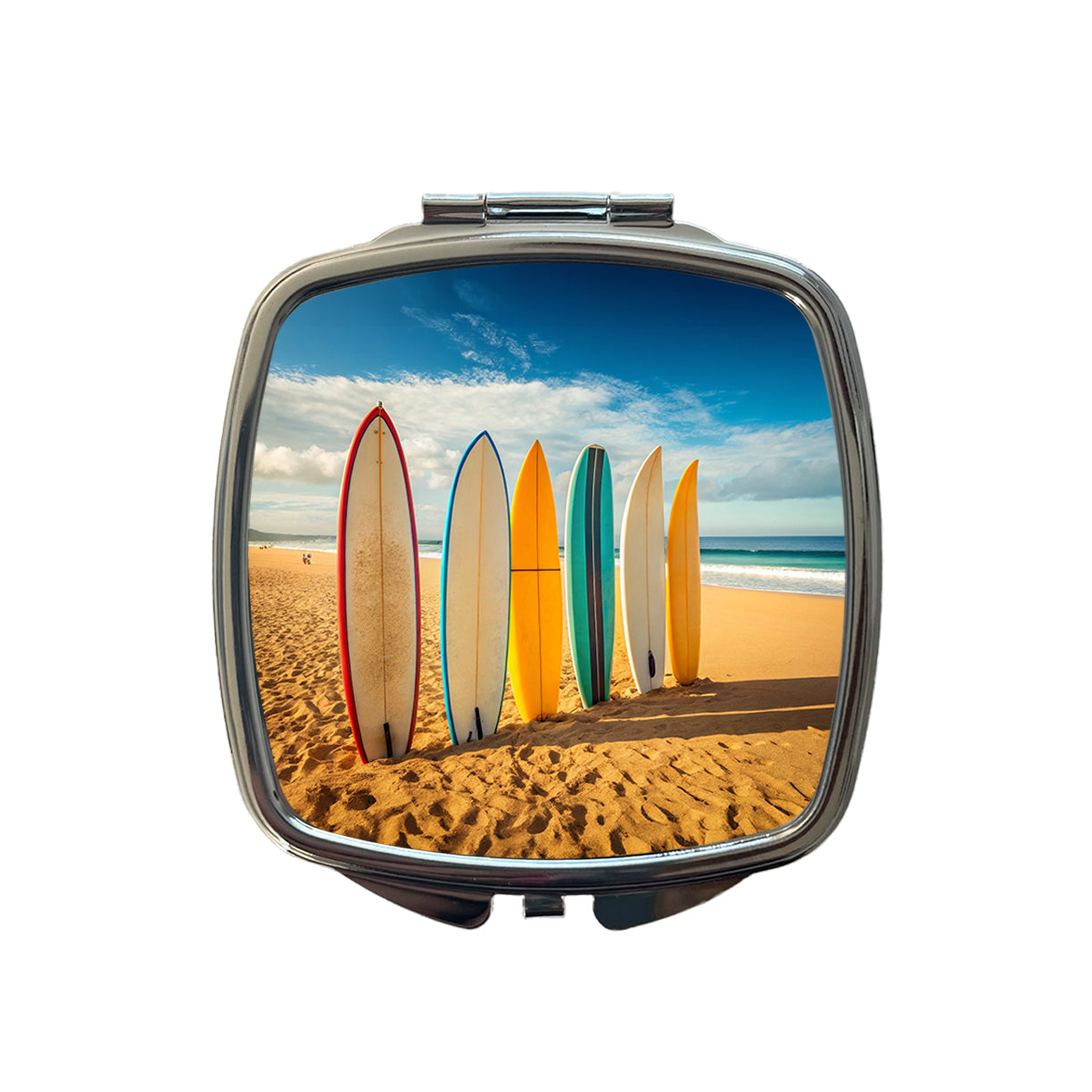 Surfboard Lineup On Beach Small Travel Purse Handbag Pocket Makeup Compact Mirror