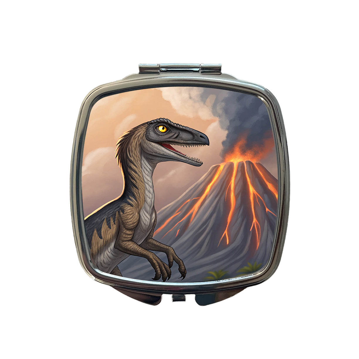 Troodon Volcano Erupting Dinosaur Small Travel Purse Handbag Pocket Makeup Compact Mirror
