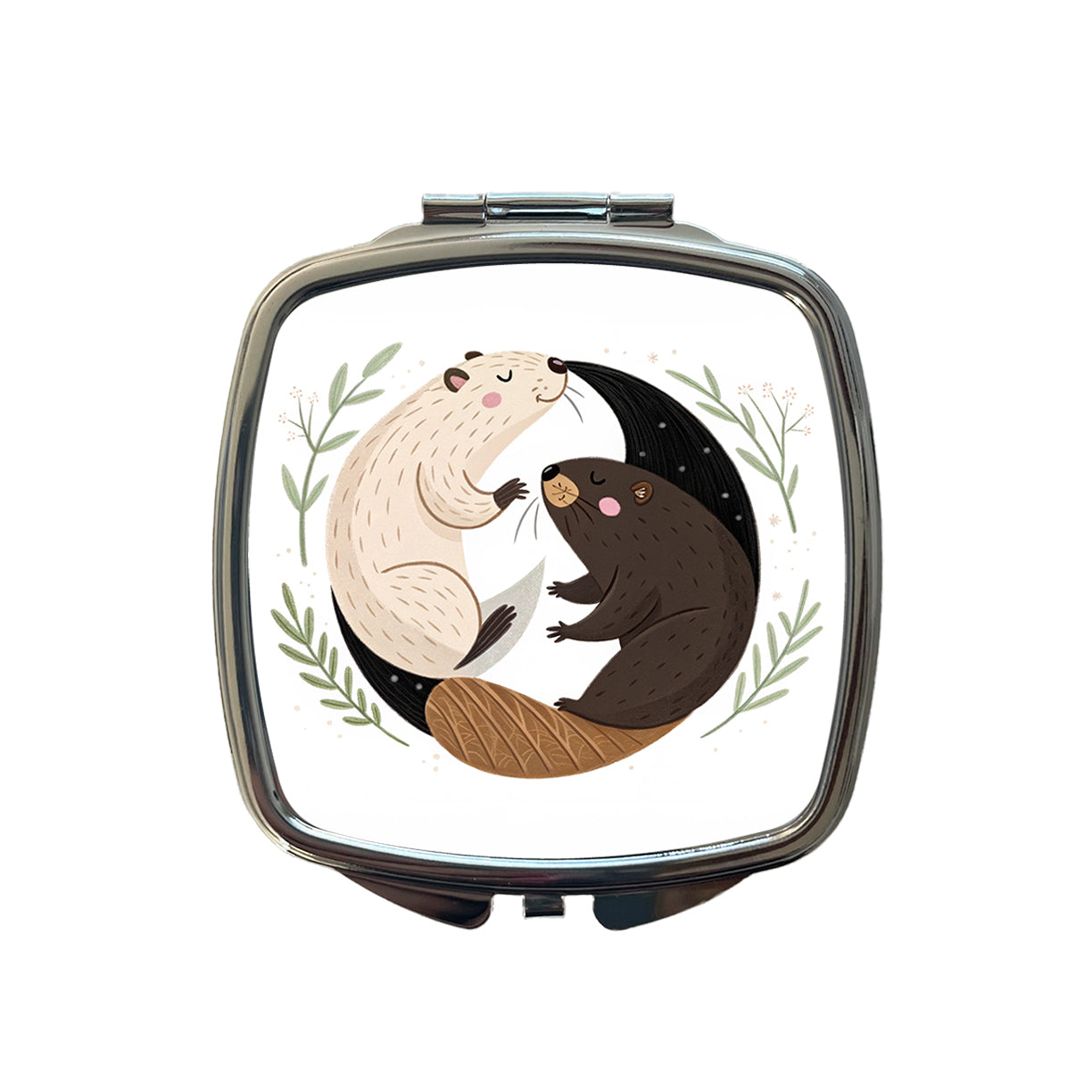 Two Beavers Yin Yang Cute Small Travel Purse Handbag Pocket Makeup Compact Mirror