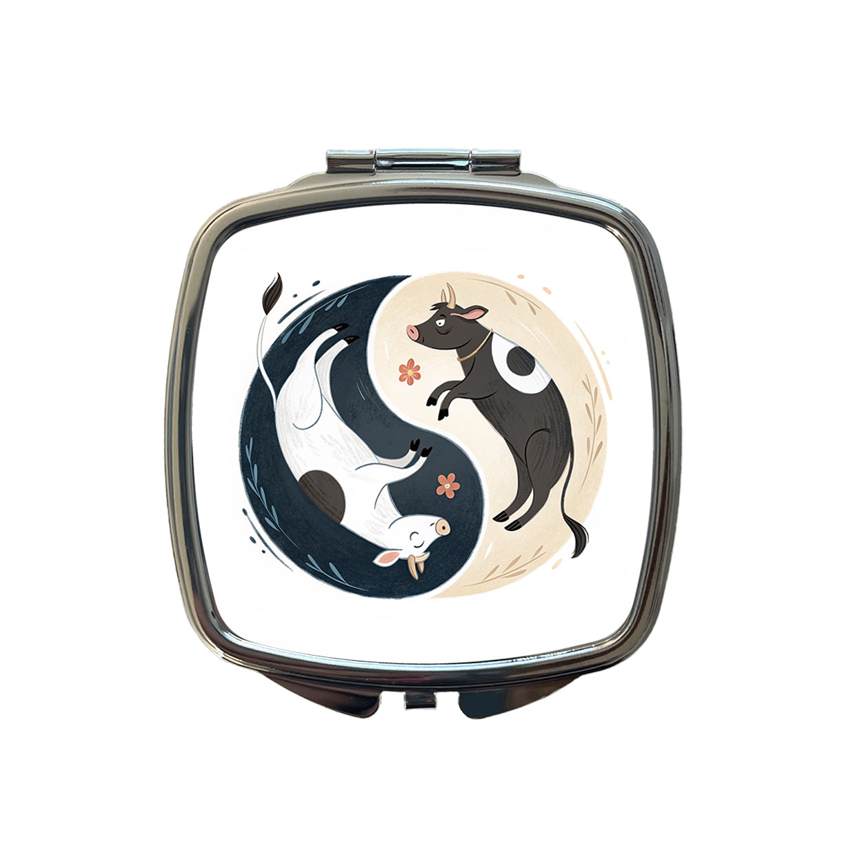 Two Cows Yin Yang Illustration Small Travel Purse Handbag Pocket Makeup Compact Mirror