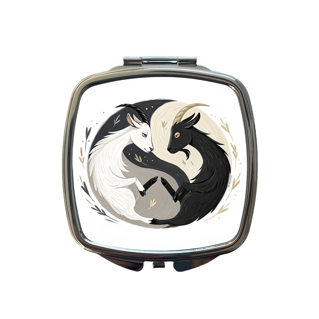 Two Goats Yin Yang White Black Small Travel Purse Handbag Pocket Makeup Compact Mirror