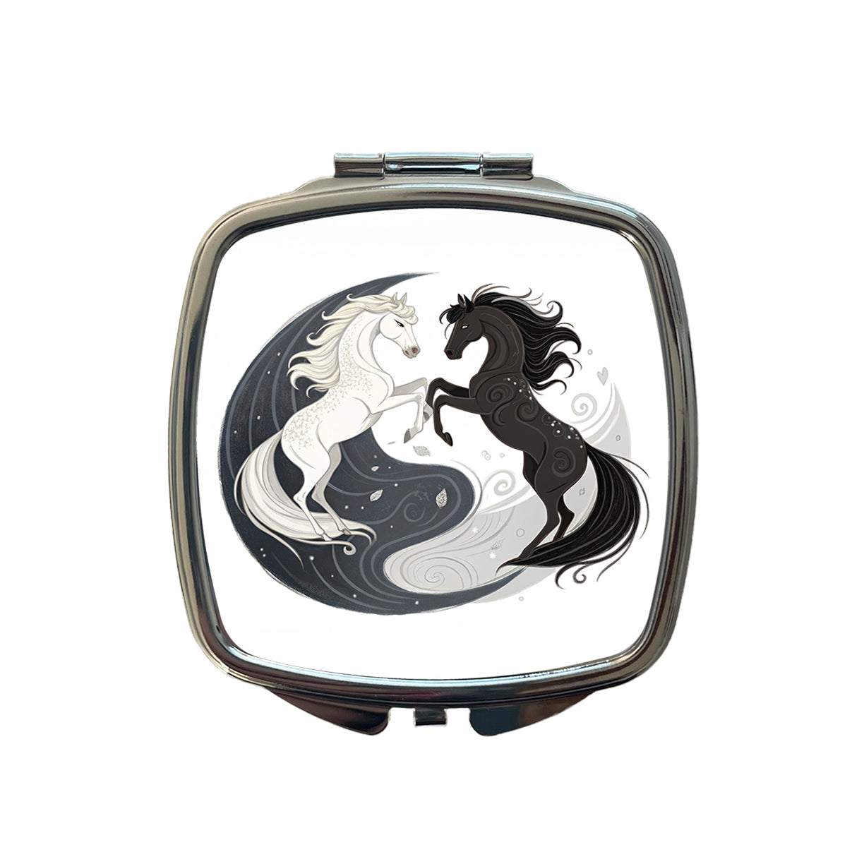 Two Horses Yin Yang Dark Light Small Travel Purse Handbag Pocket Makeup Compact Mirror