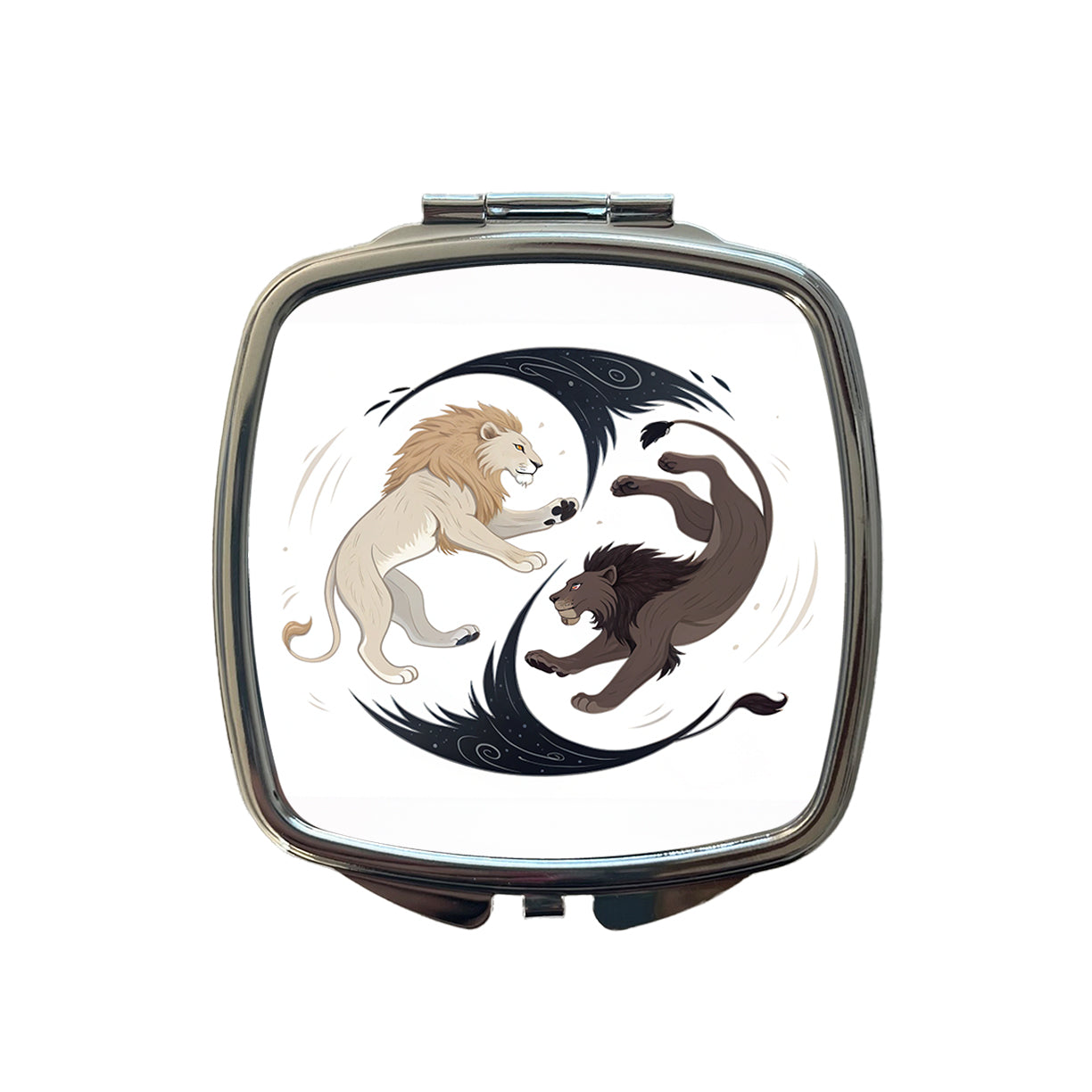 Two Lions Yin Yang Dark Light Small Travel Purse Handbag Pocket Makeup Compact Mirror