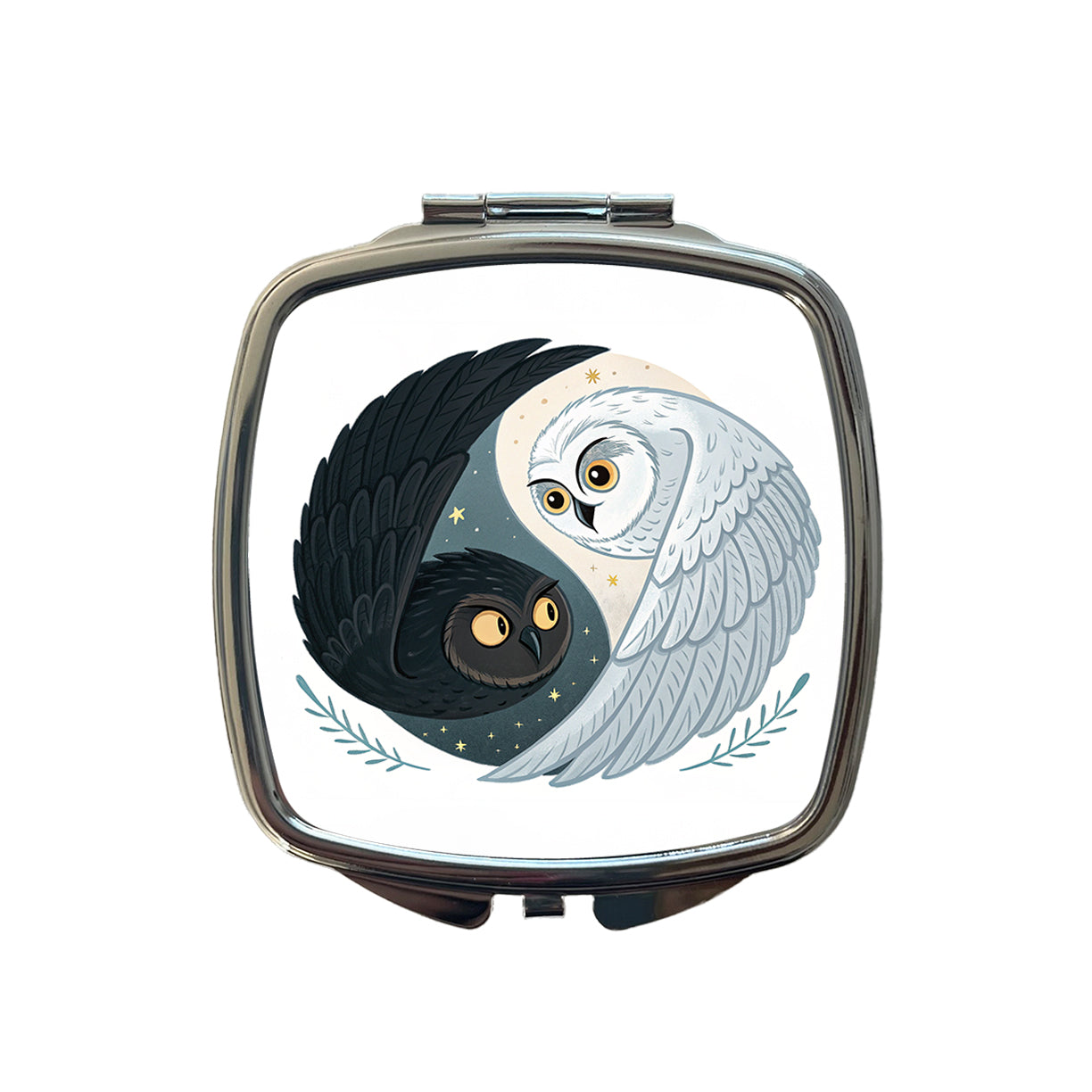 Two Owls Yin Yang Black White Small Travel Purse Handbag Pocket Makeup Compact Mirror