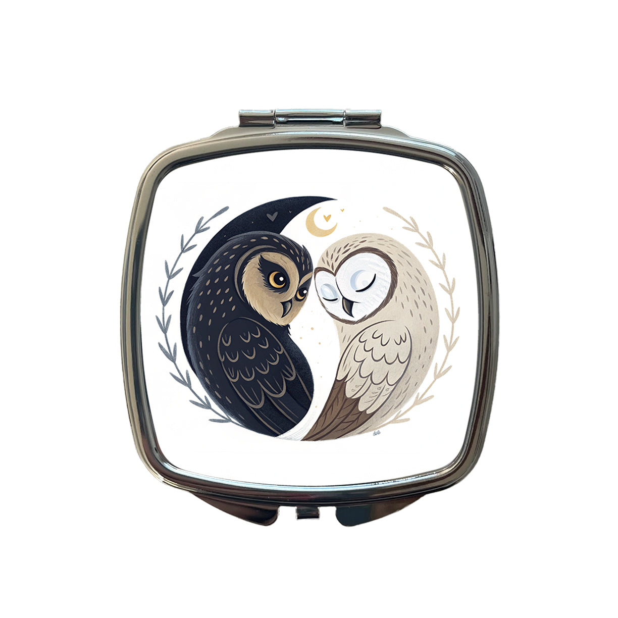 Two Owls Yin Yang Small Travel Purse Handbag Pocket Makeup Compact Mirror