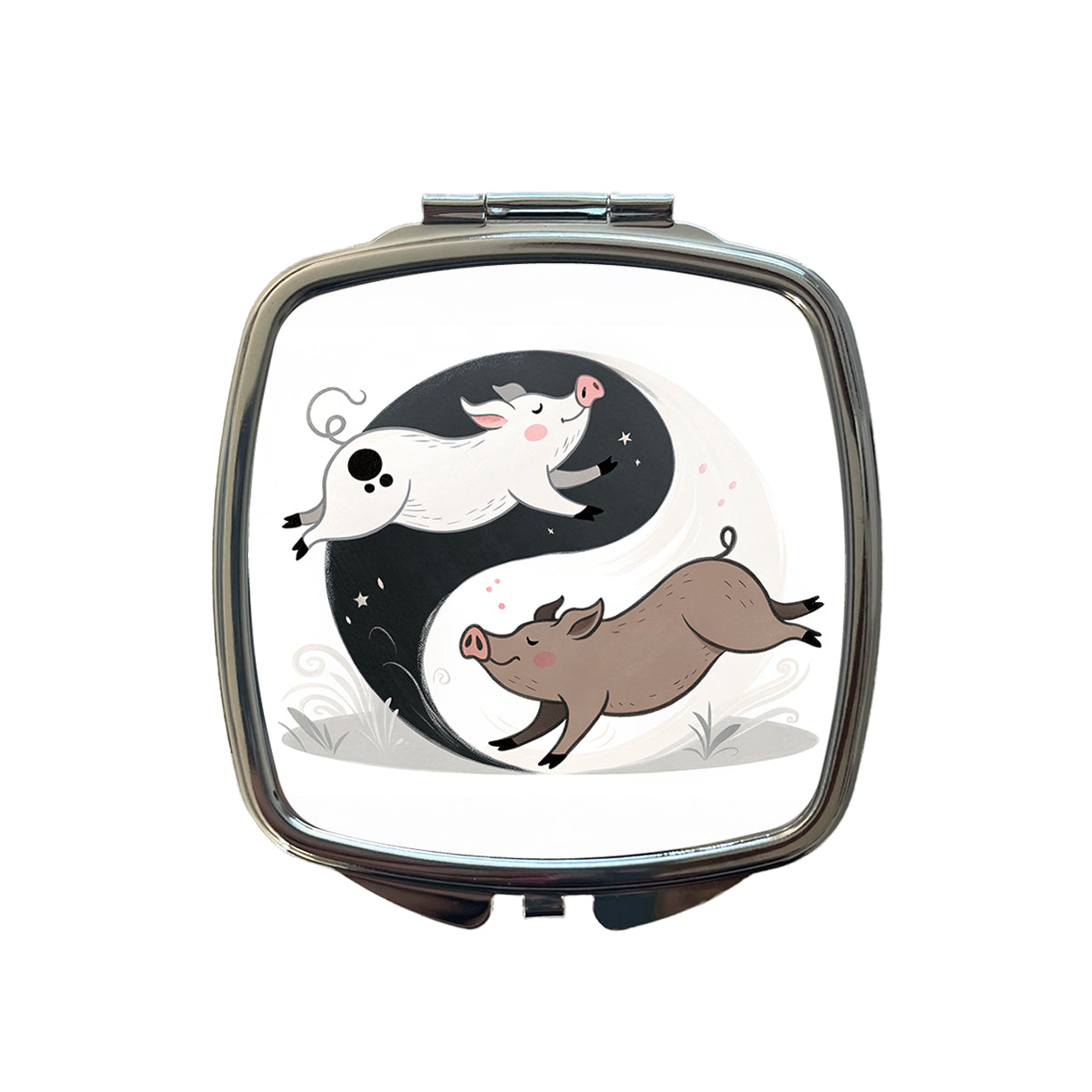 Two Pigs Yin Yang Small Travel Purse Handbag Pocket Makeup Compact Mirror
