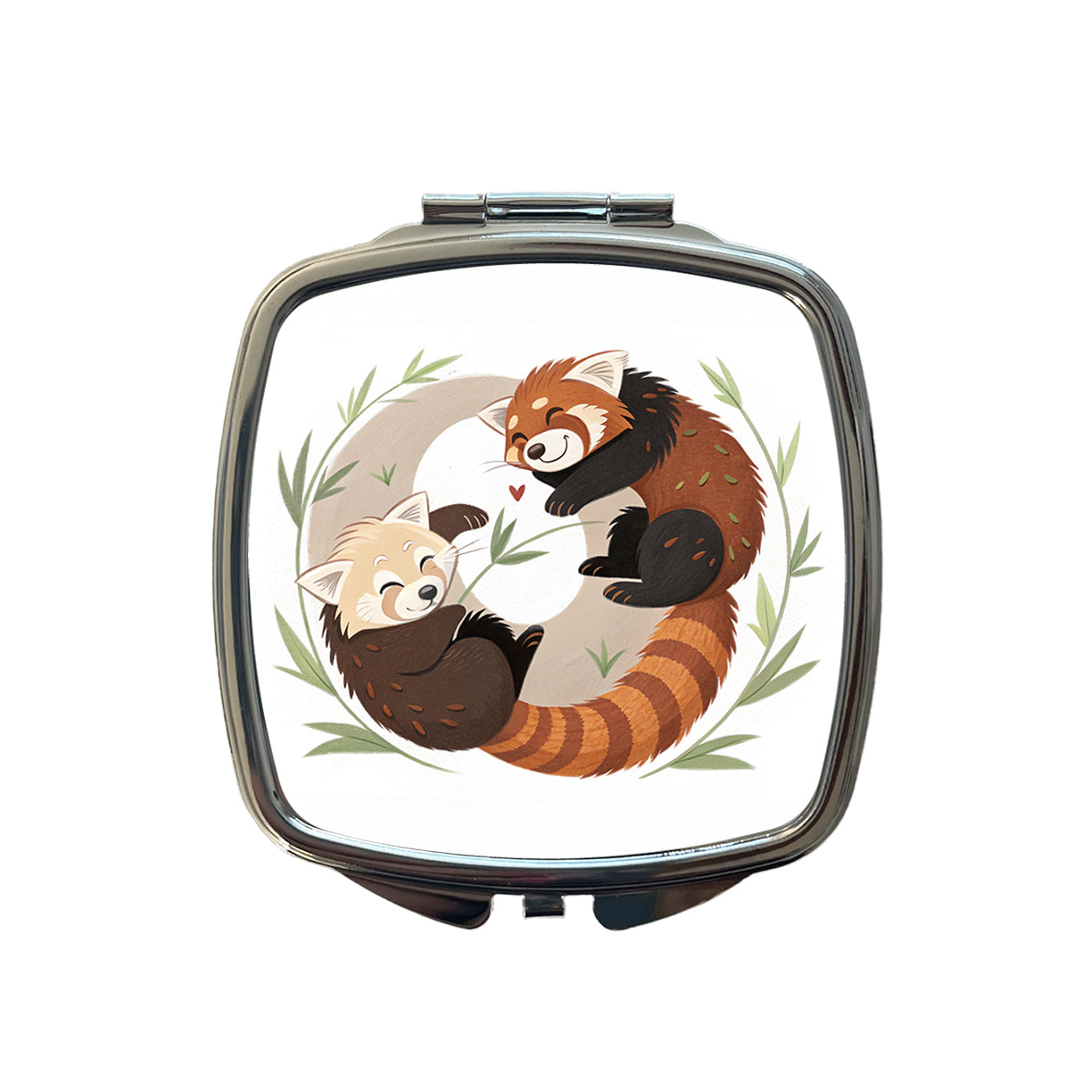 Two Red Pandas Yin Yang Small Travel Purse Handbag Pocket Makeup Compact Mirror