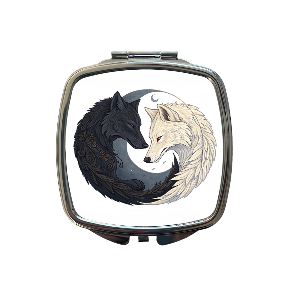 Two Wolves Yin Yang Small Travel Purse Handbag Pocket Makeup Compact Mirror