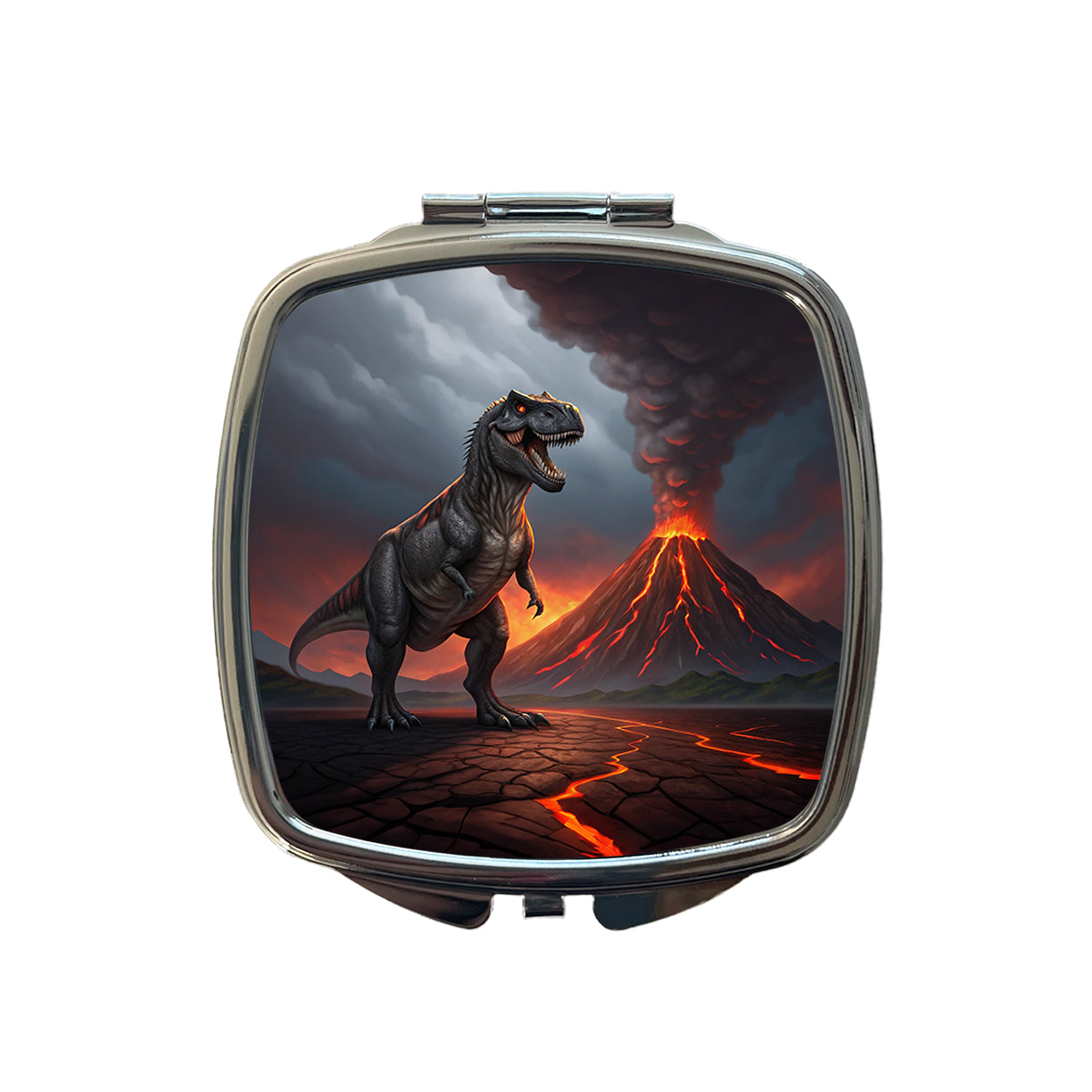 Tyrannosaurus T-Rex Dinosaur Volcano Erupting Small Travel Purse Handbag Pocket Makeup Compact Mirror
