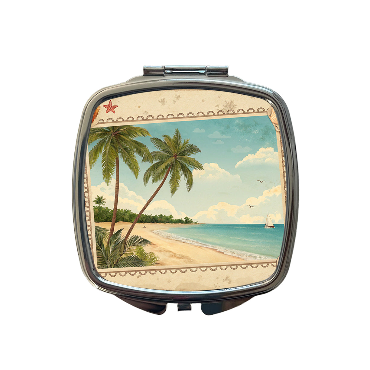 Vintage Beach Postcard Tropical Small Travel Purse Handbag Pocket Makeup Compact Mirror