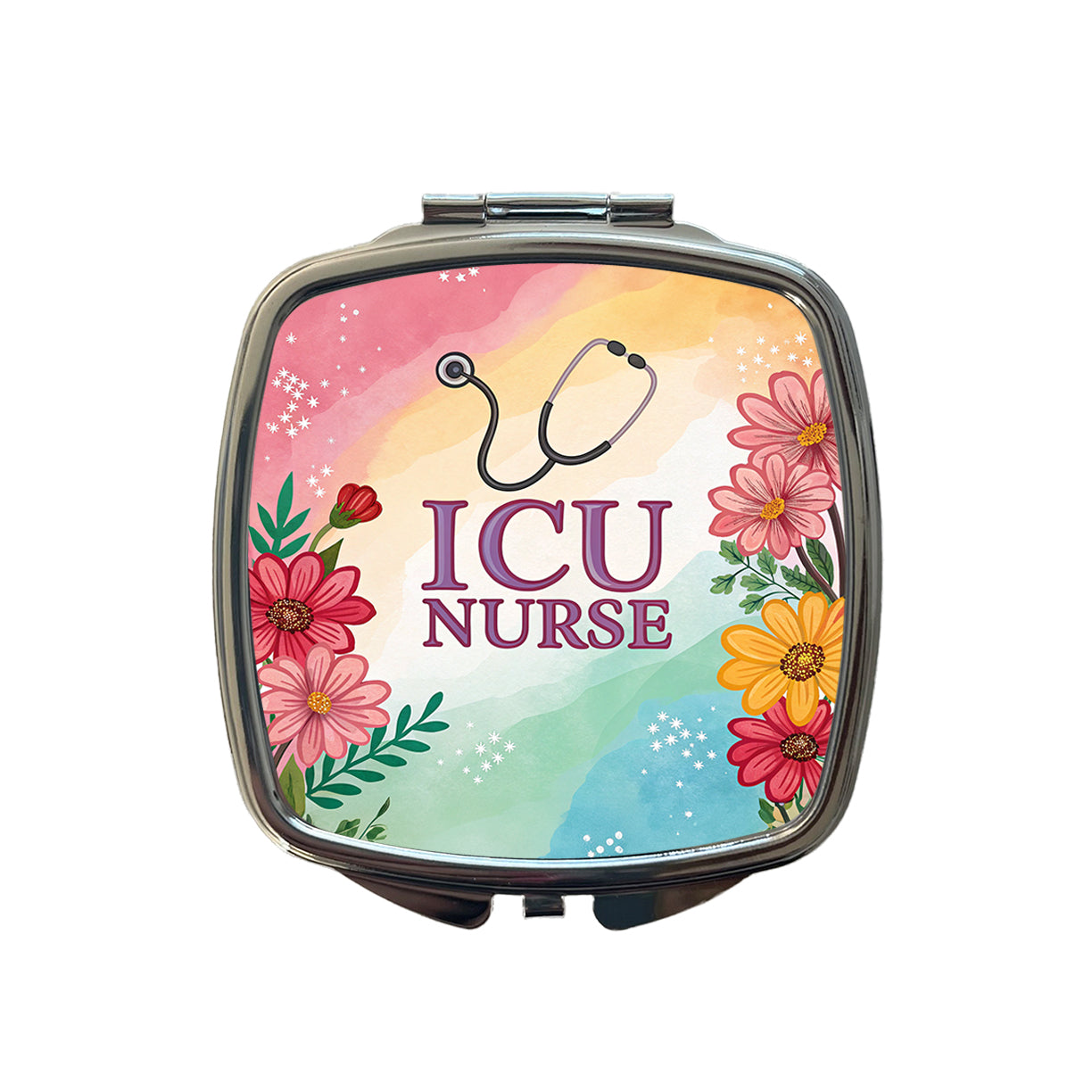 ICU Nurse Appreciation Stethoscope Flowers Floral Small Travel Purse Handbag Pocket Makeup Compact Mirror