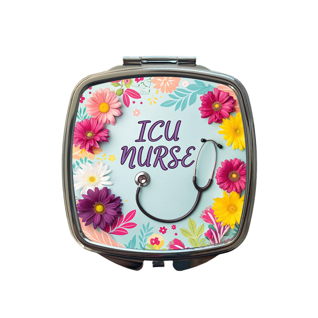 ICU Nurse Appreciation Stethoscope Flowers Small Travel Purse Handbag Pocket Makeup Compact Mirror