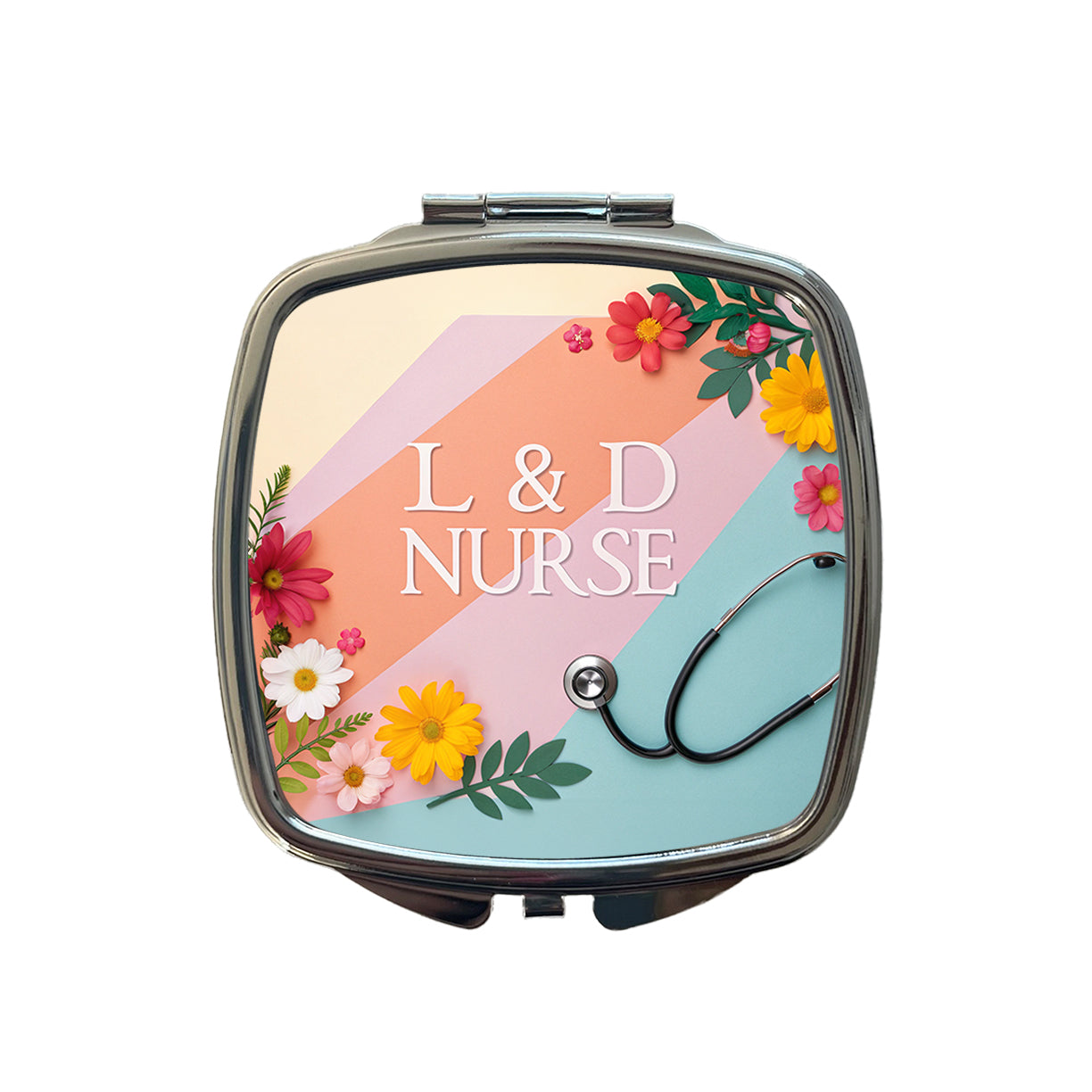 L & D Labor And Delivery Nurse Appreciation Stethoscope Flowers Small Travel Purse Handbag Pocket Makeup Compact Mirror