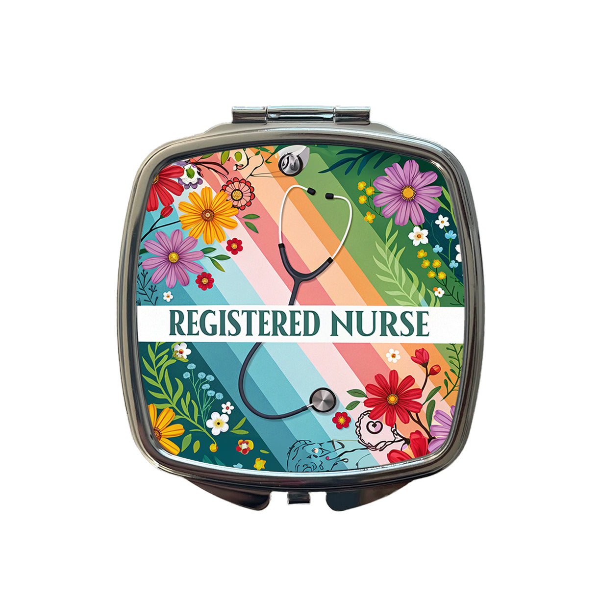 Registered Nurse RN Appreciation Stethoscope Colorful Flowers Small Travel Purse Handbag Pocket Makeup Compact Mirror