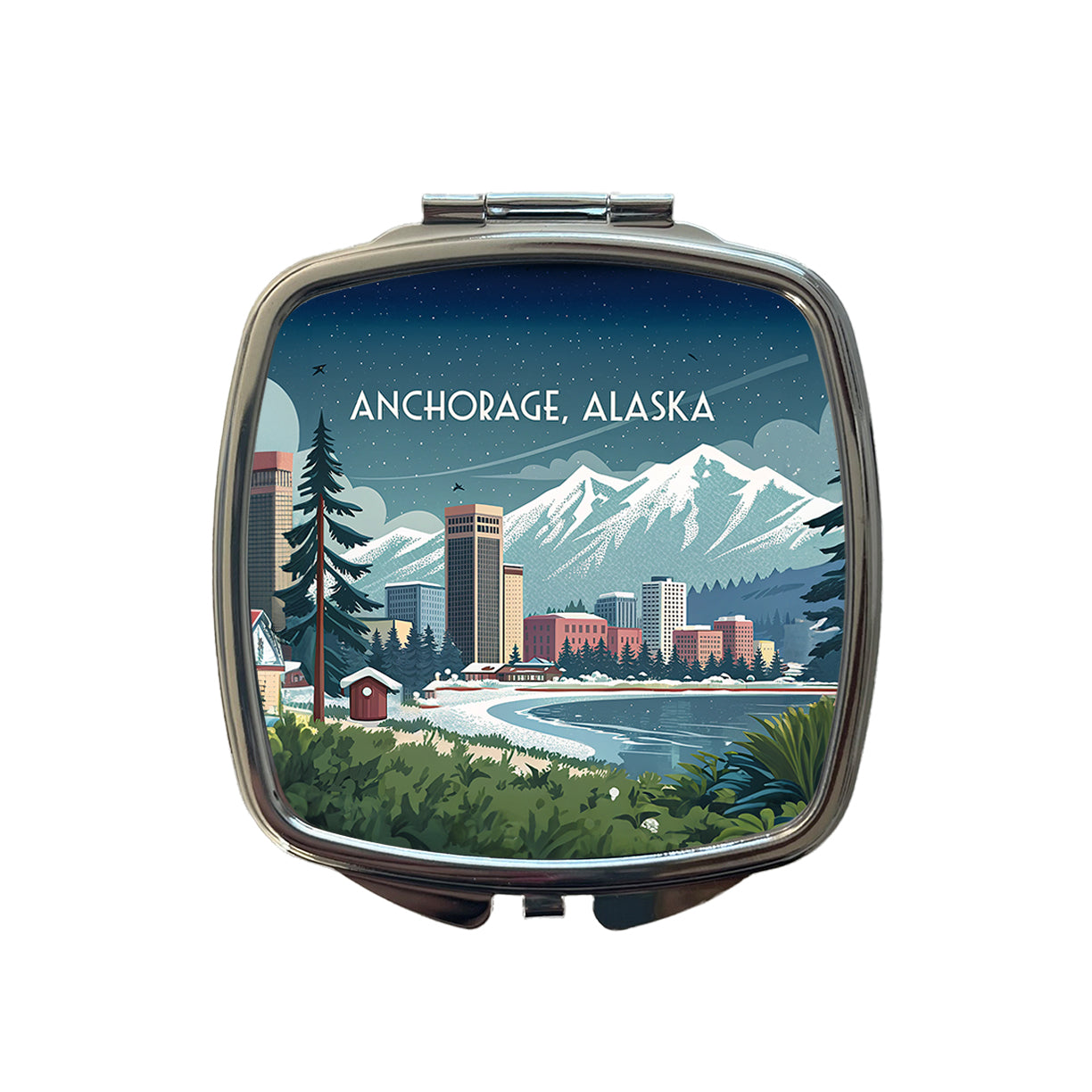 Anchorage, Alaska AK Travel City State Stamp Small Travel Purse Handbag Pocket Makeup Compact Mirror