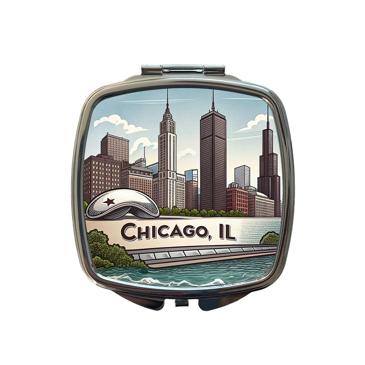 Chicago, Illinois IL Travel City State Stamp Small Travel Purse Handbag Pocket Makeup Compact Mirror